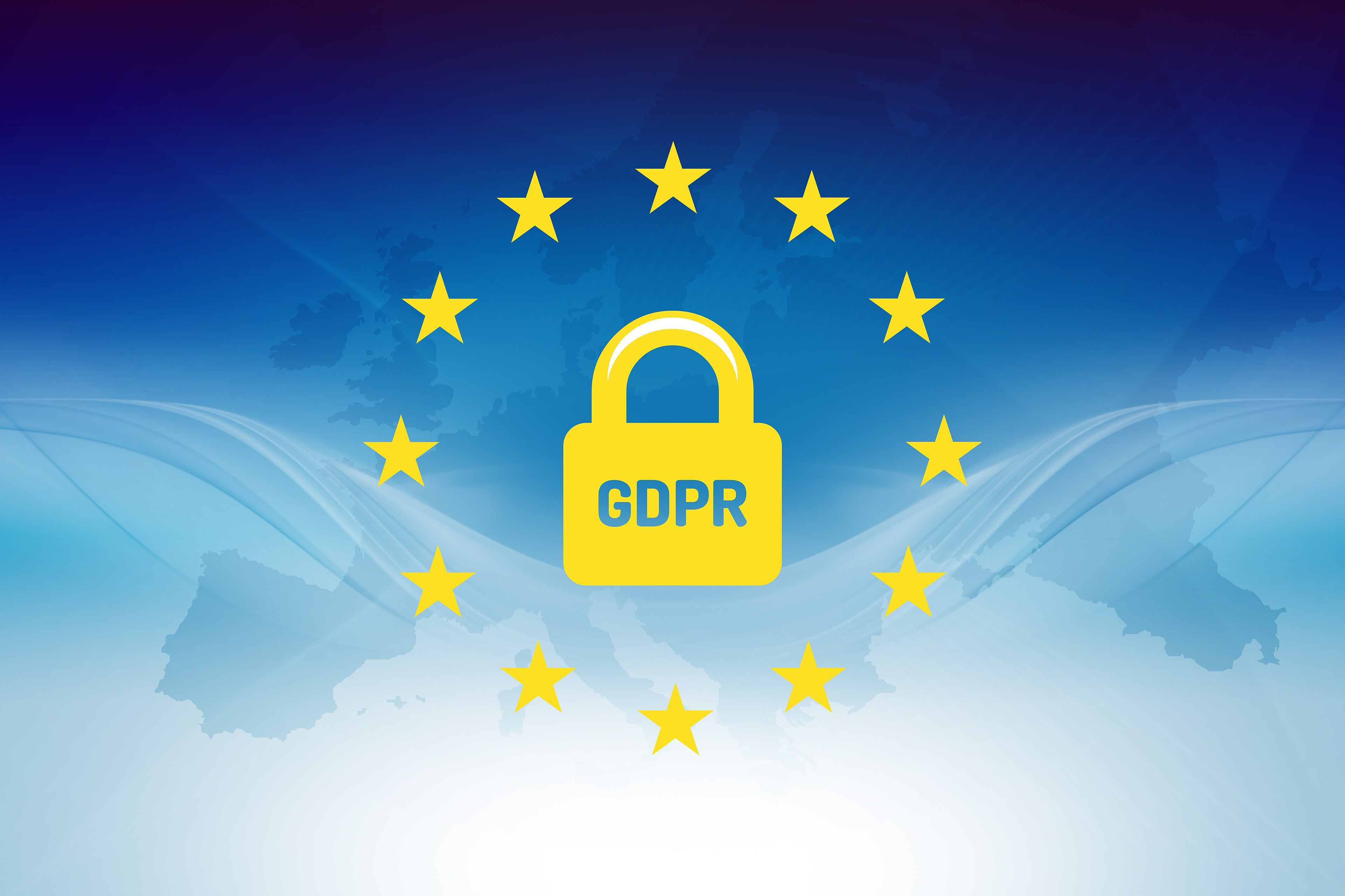 European Union GDPR data-protection emblem — a padlock ringed by the EU stars over a map of Europe